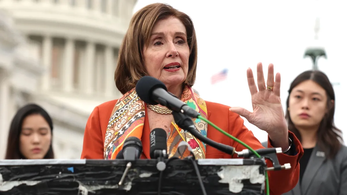 WASHINGTON, DC - NOVEMBER 19: U.S. House Speaker Emerita Rep. Nancy Pelosi (D-CA) speaks during a news conference in response of the sentencing ruling in the Hong Kong 47 case November 19, 2024 in front of the U.S. Capitol in Washington, DC. Forty-five defendants in the Hong Kong 47 case, including Benny Tai and Joshua Wong, received sentences in the city’s largest national security trial.