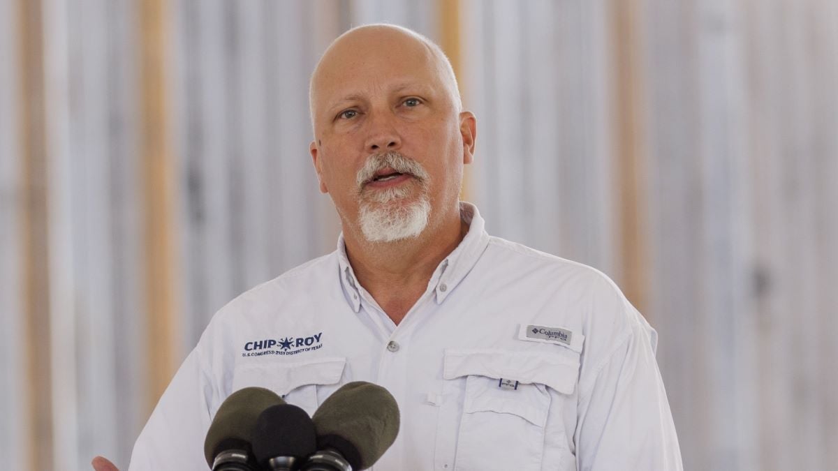 Rep. Chip Roy (R-TX) speaks as Texas Land Commissioner Dawn Buckingham looks on at a news conference to commemorate state-sponsored border wall construction on November 26, 2024 in La Casita-Garciasville, Texas. The 1,402-acre ranch where border wall construction is taking place was recently offered to the Trump administration to build facilities to coordinate mass deportations. (Photo by Michael Gonzalez/Getty Images)