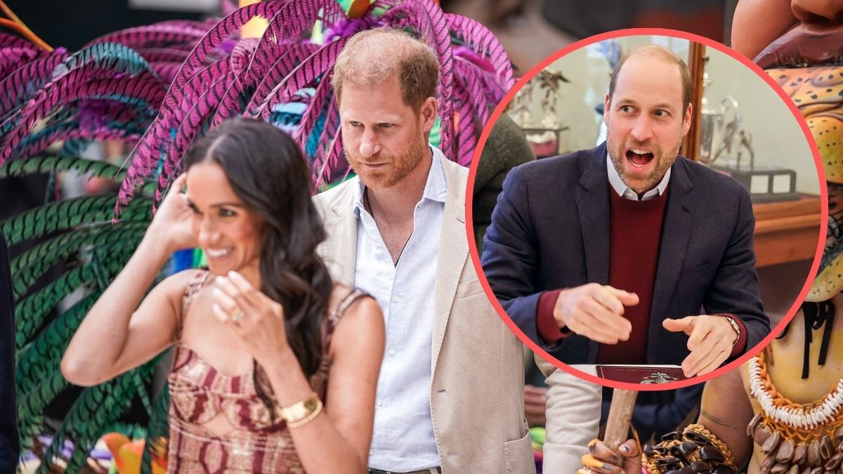 Meghan, Duchess of Sussex and Prince Harry, Duke of Sussex attend a folkloric presentation at Centro Nacional de las Artes Delia Zapata during their visit to Colombia on August 15, 2024 in Bogota, Colombia. Inset: rince William, Prince of Wales, Colonel-in-Chief, 1st Battalion Mercian Regiment, talks with serving soldiers and their families during a visit to the Regiment for a Christmas event for families at Picton Barracks on December 10, 2024 in Bulford, Wiltshire.