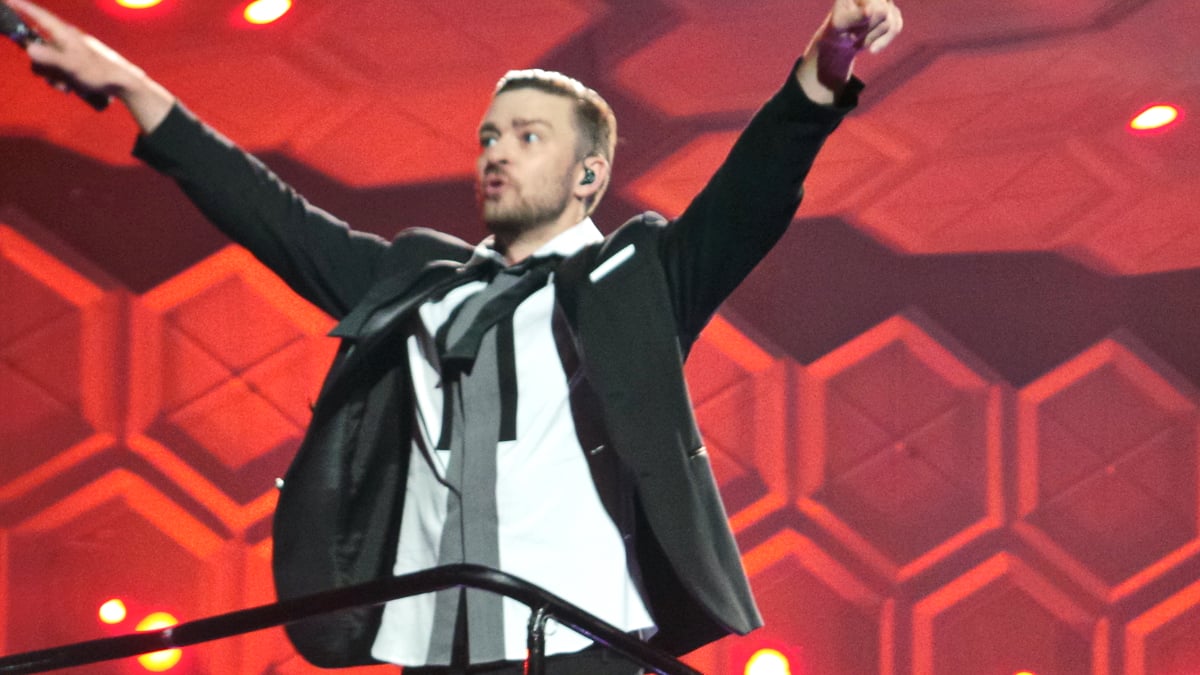 The American musician Justin Timberlake during The 2020 Experience World Tour at the Time Warner Cable Arena in Charlotte, NC, on July 12, 2014.