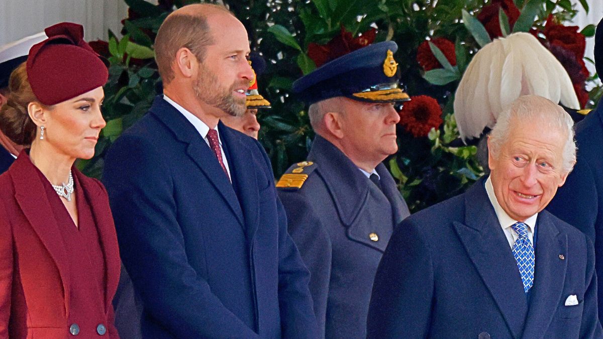 Catherine, Princess of Wales, Prince William, Prince of Wales and King Charles III attend the Ceremonial Welcome, at Horse Guards Parade, for the The Amir of the State of Qatar on day one of his State Visit to the United Kingdom on December 3, 2024 in London, England. His Highness Sheikh Tamim bin Hamad Al Thani, Amir of the State of Qatar, accompanied by Her Highness Sheikha Jawaher bint Hamad bin Suhaim Al Thani, will hold several engagements with The Prince and Princess of Wales, The King and Queen as well as political figures.