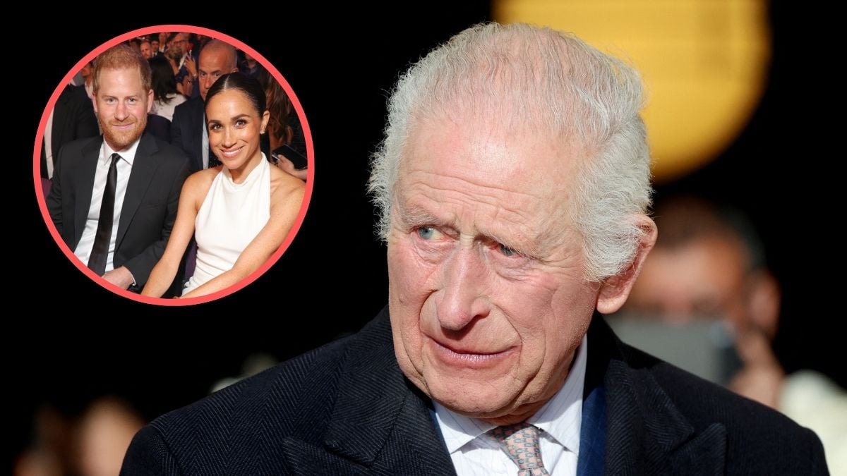 King Charles III attends a reception at Waltham Forest Town Hall on December 20, 2024 in London, England. Inset: Prince Harry, Duke of Sussex and Meghan, Duchess of Sussex attend the 2024 ESPY Awards at Dolby Theatre on July 11, 2024 in Hollywood, California.