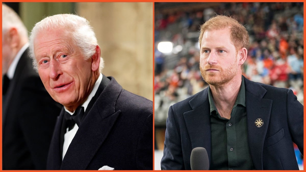 (L) King Charles III attends the Royal Variety Performance at the Royal Albert Hall (R) Prince Harry during a TV interview during pre-game festivities prior to the start of the 2024 Grey Cup at BC Place