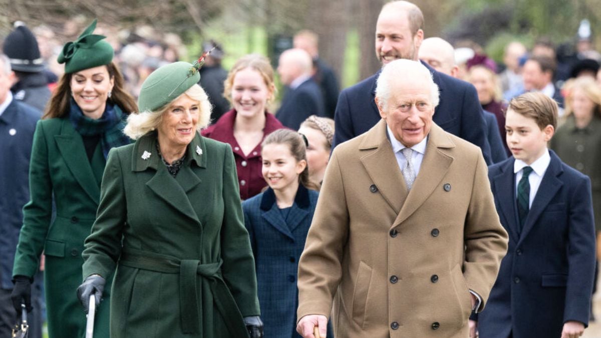 SANDRINGHAM, NORFOLK - DECEMBER 25: Catherine, Princess of Wales, Queen Camilla, Princess Charlotte of Wales, King Charles III, Prince William, Prince of Wales and Prince George of Wales attend the Christmas Morning Service at Sandringham Church on December 25, 2024 in Sandringham, Norfolk. (Photo by Samir Hussein/WireImage)