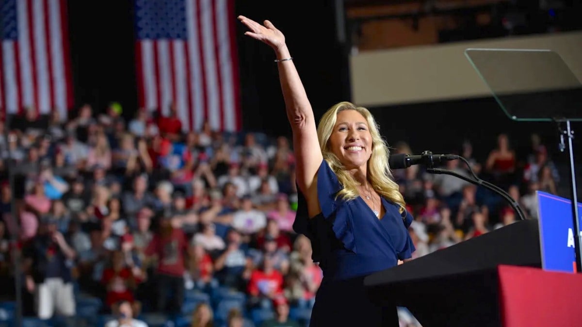 US Rep. Marjorie Taylor Greene (R-GA) enters the stage at a Save America Rally at the Covelli Centre on September 17, 2022 in Youngstown, Ohio.