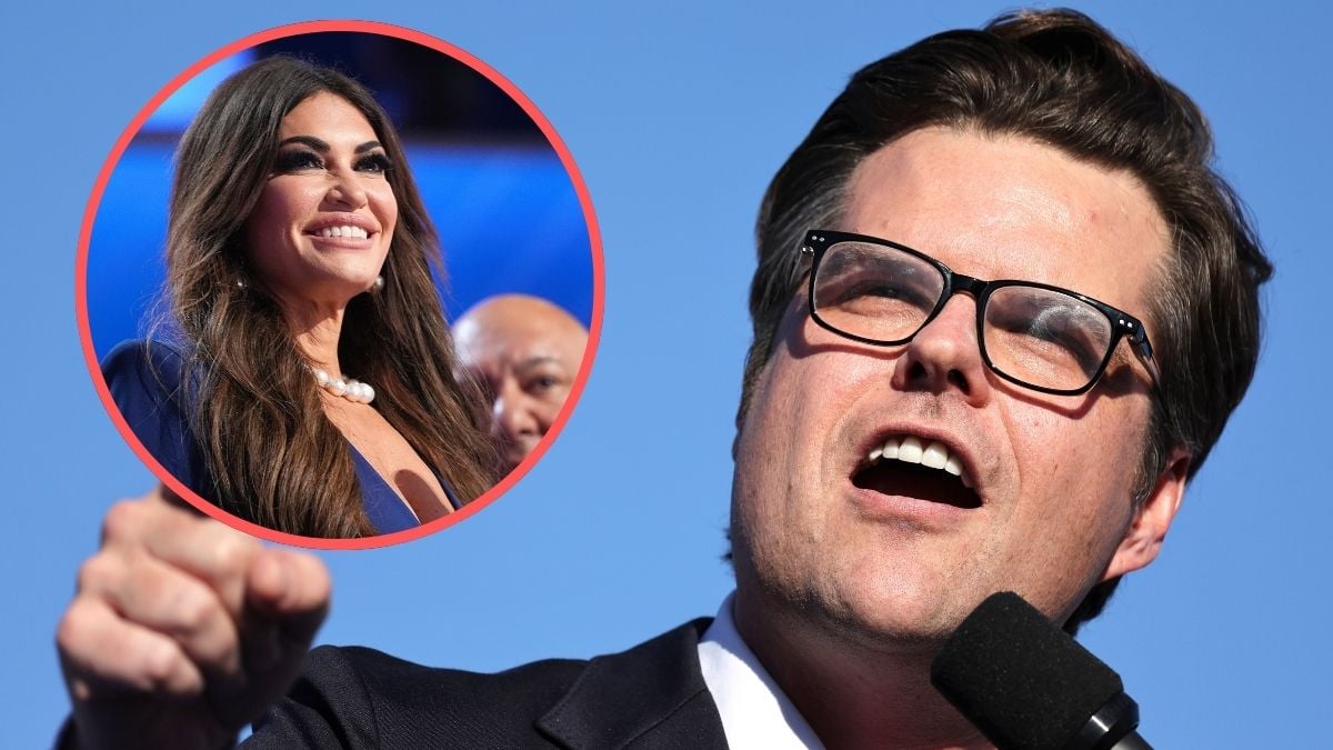 U.S. Rep. Matt Gaetz (R-FL) speaks at a campaign rally for Republican presidential nominee, former U.S. President Donald Trump on October 12, 2024 in Coachella, California. Inset: Kimberly Guilfoyle speaks during preparations for the second day of the Republican National Convention at the Fiserv Forum on July 16, 2024 in Milwaukee, Wisconsin.