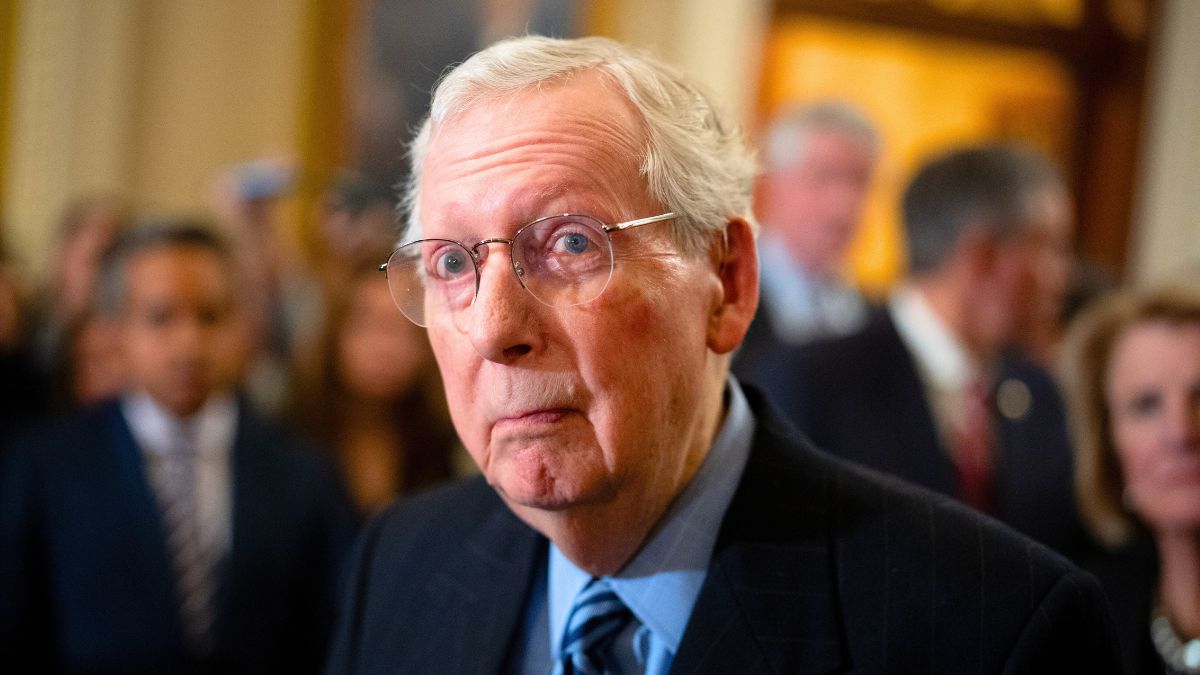 Mitch McConnell (R-KY) takes a question from a reporter during a news conference following the weekly Senate Republican policy luncheon