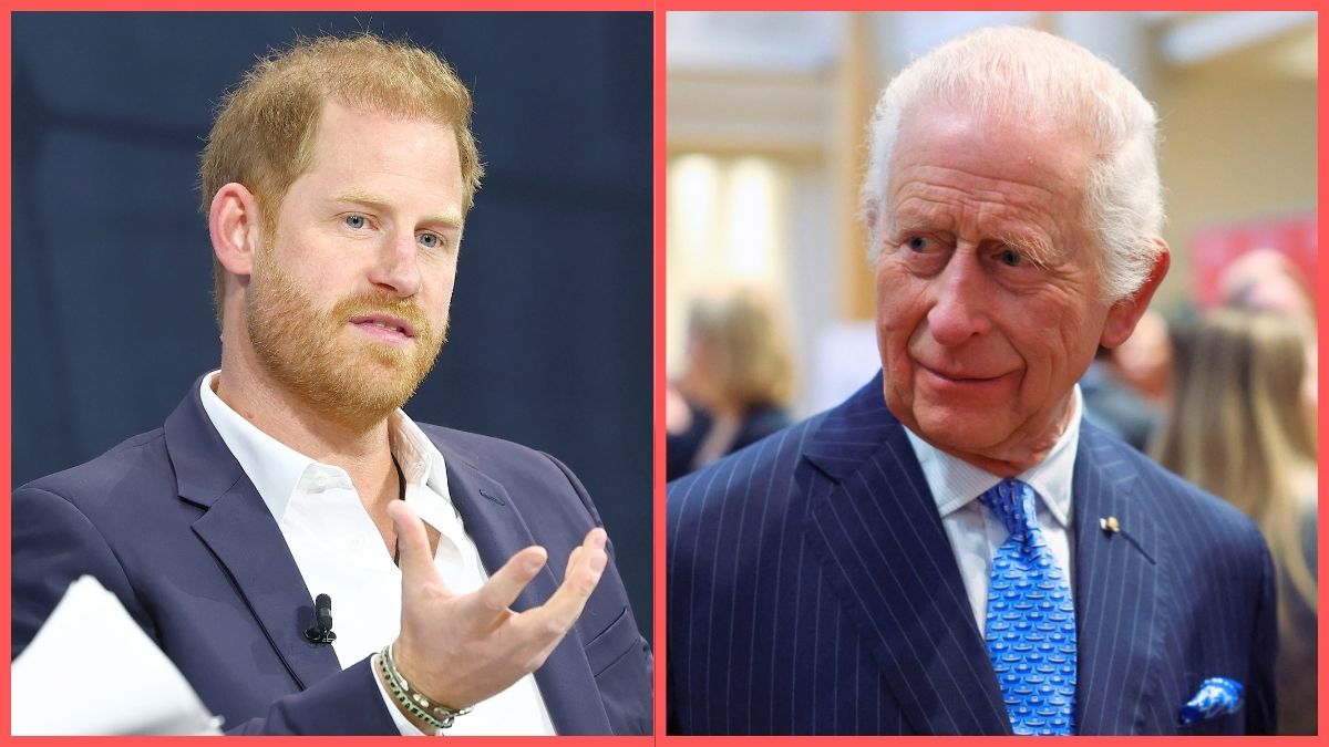 Left: Prince Harry, The Duke of Sussex, speaks during the New York Times annual DealBook summit at Jazz at Lincoln Center on December 04, 2024 in New York City. Right: Britain's King Charles III looks on as he visits the Disasters Emergency Committee at St Peter’s Church on December 04, 2024 in London, England.