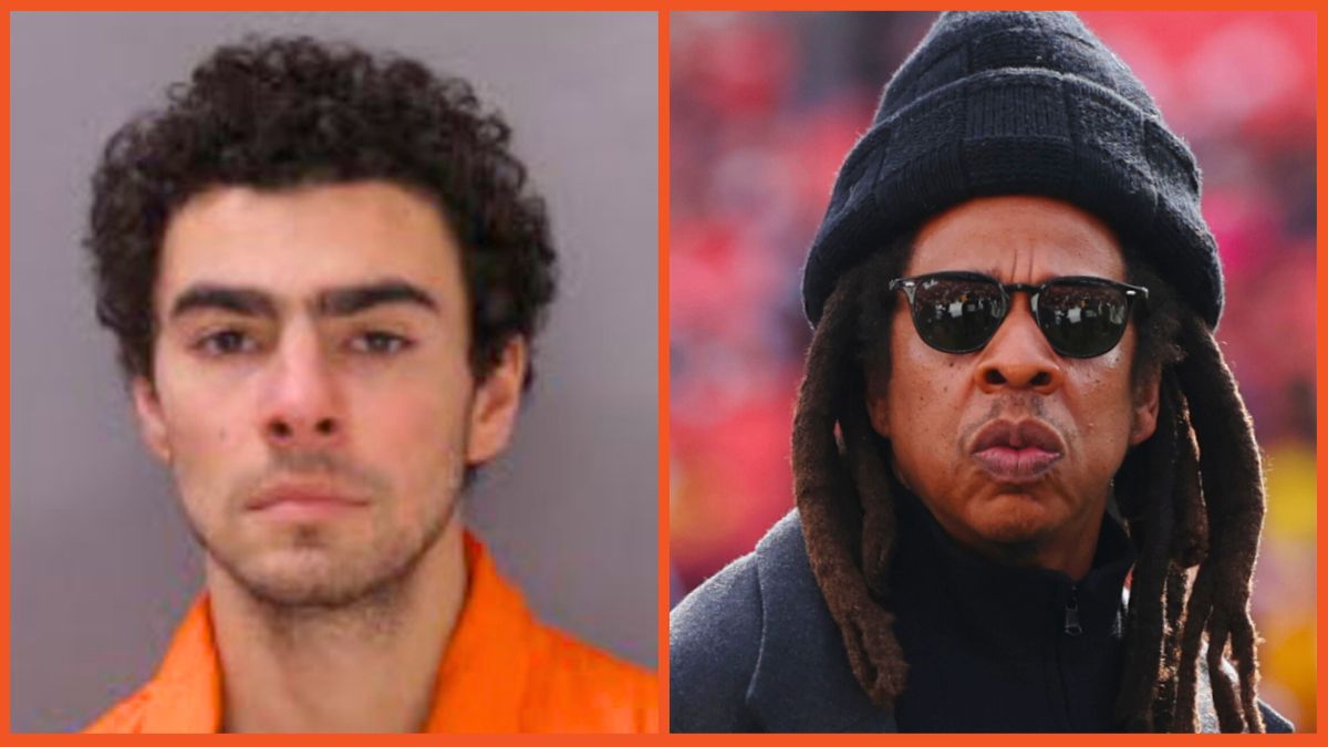 Rapper Jay-Z (C) looks on before a game between the Washington Commanders and the Dallas Cowboys and Luigi Mangione poses for a booking photo on December 10, 2024 in Huntingdon, Pennsylvania