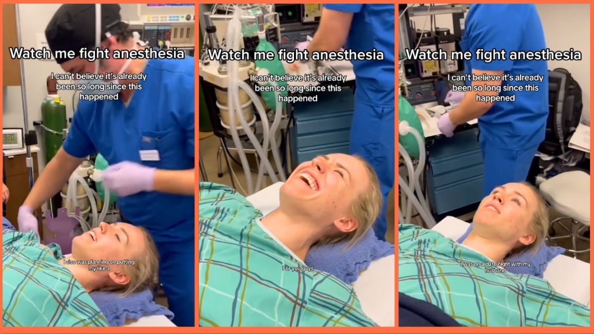 Screenshots of a woman talking and smiling during surgery.