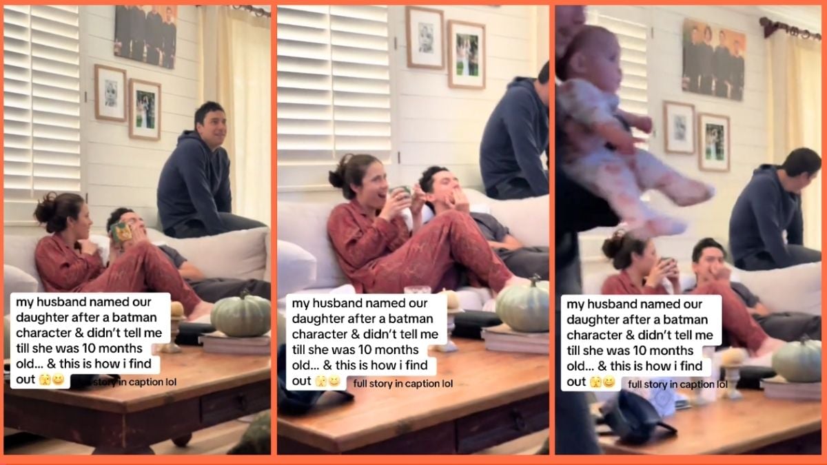 TikTok screenshots of a woman looking shocked as she watches TV with her husband's family