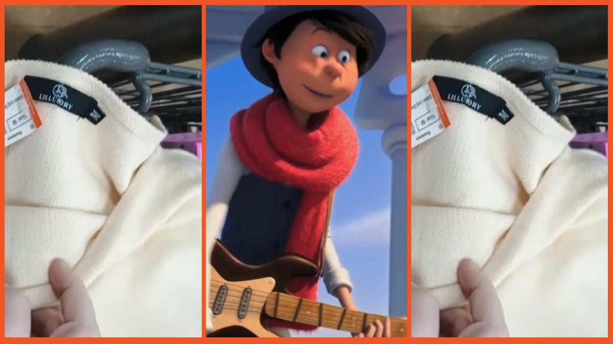 A split image of a Goodwill sweater on Marly Ensley's TikTok, and the Once-ler in the animated movie, 'The Lorax'