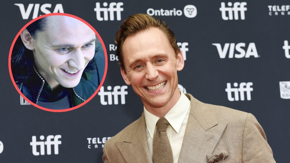 Tom Hiddleston attends the premiere of "The Life of Chuck" during the 2024 Toronto International Film Festival at Princess of Wales Theatre on September 06, 2024 in Toronto, Ontario. Inset: Loki grins mischievously in The Avengers.