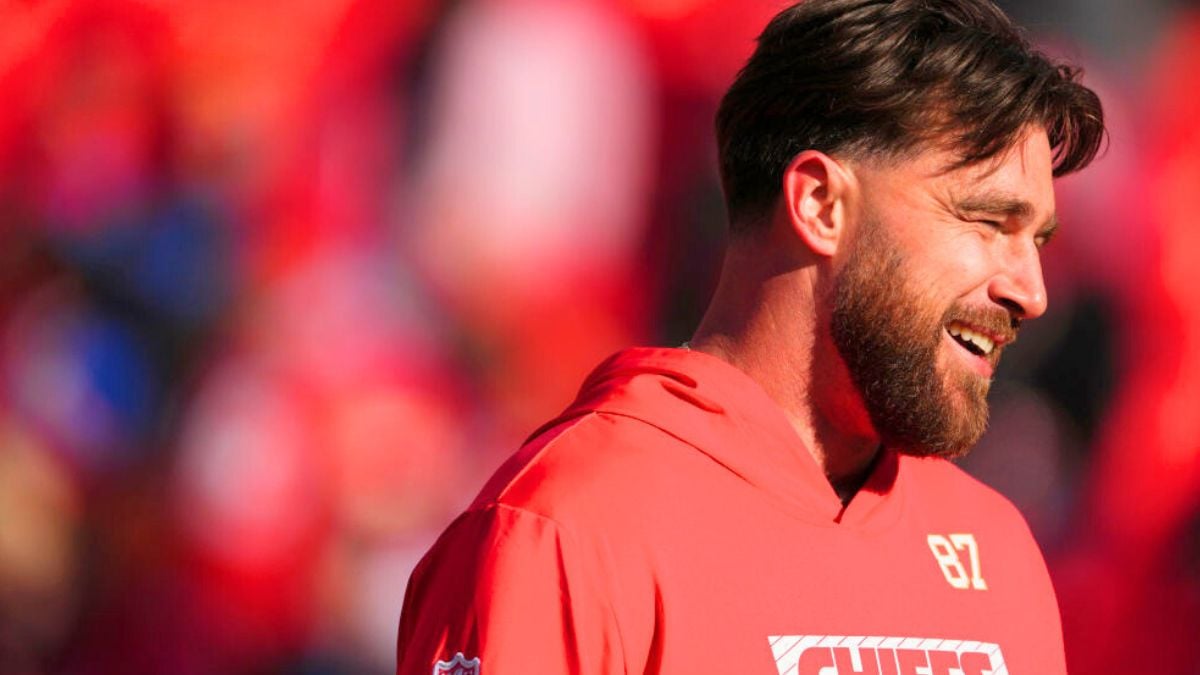 KANSAS CITY, MO - DECEMBER 21: Travis Kelce #87 of the Kansas City Chiefs warms up before kickoff against the Houston Texans during an NFL football game at GEHA Field at Arrowhead Stadium on December 21, 2024 in Kansas City, Missouri. (Photo by Cooper Neill/Getty Images)