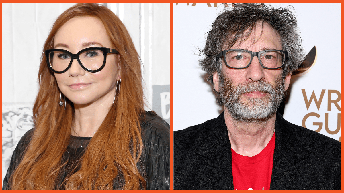 Singer-songwriter Tori Amos discusses her album "Native Invader" & World Tour at Build Studio on October 19, 2017 in New York City. (Photo by Monica Schipper/Getty Images) & Neil Gaiman attends the 2024 Writers Guild Awards New York Ceremony on April 14, 2024 in New York City. (Photo by Jamie McCarthy/Getty Images for Writers Guild of America East)