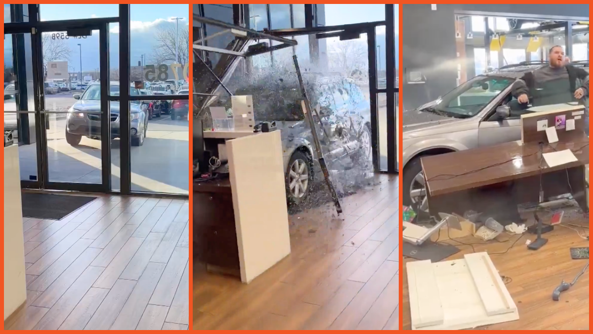 Utah man drives car through dealership window composite image