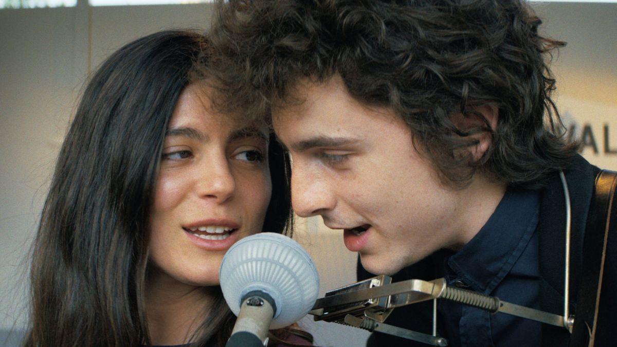 Timothée Chalamet and Monica Barbaro in A Complete Unknown.