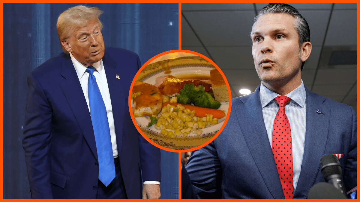 Donald Trump gazing at a gross Thanksgiving dinner as Pete Hegseth looks over in surprise