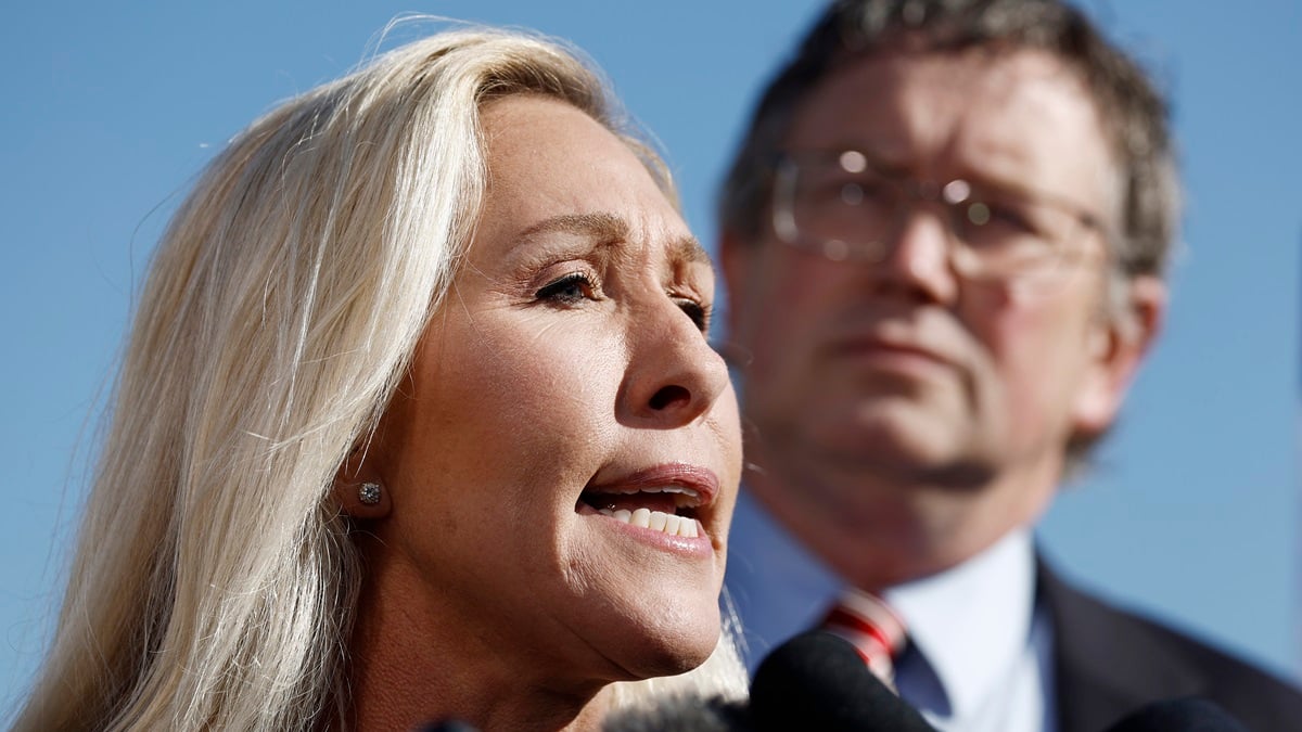 Rep. Marjorie Taylor Greene (R-GA) speaks at a news conference alongside Rep. Thomas Massie (R-KY) at the U.S. Capitol Building on May 01, 2024