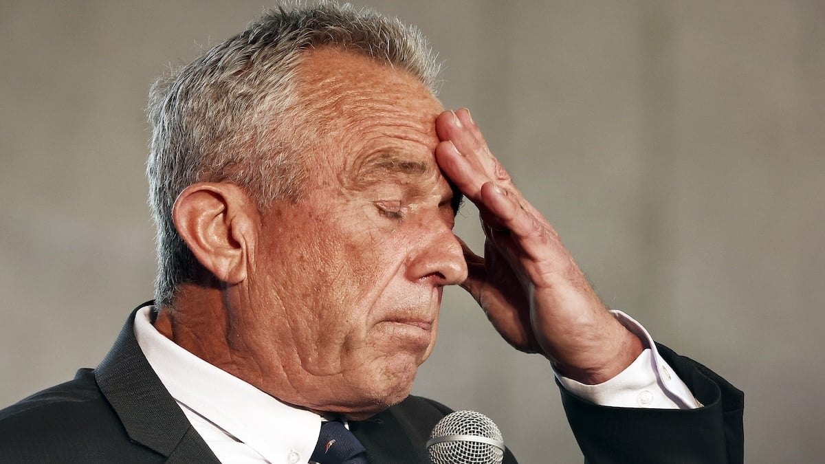 Independent presidential candidate Robert F. Kennedy Jr. pauses while he speaks at a Cesar Chavez Day event at Union Station