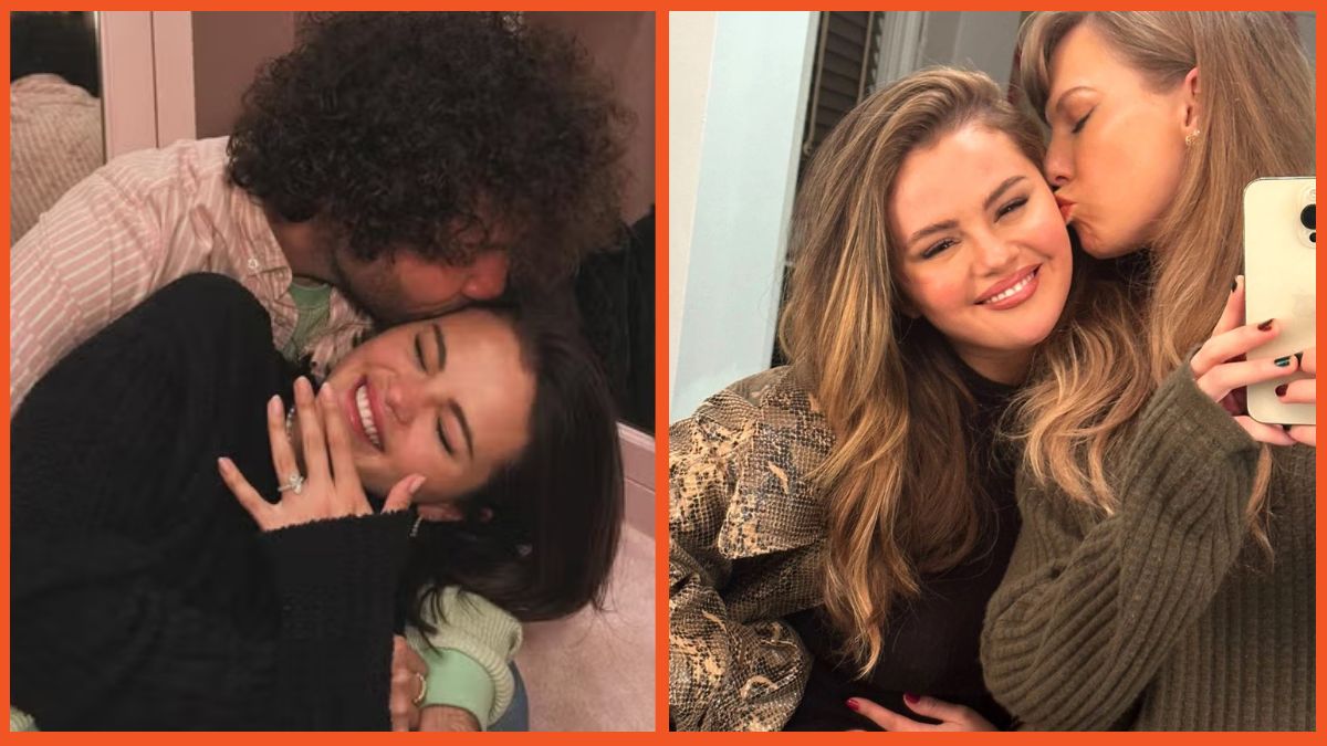 Selena Gomez's engagement photo with Benny Blanco and a photo of Taylor kissing her cheek