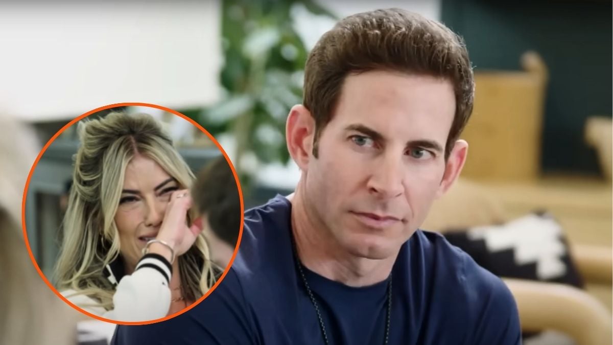 Tarek El Moussa and Christina Haack talking on a couch.