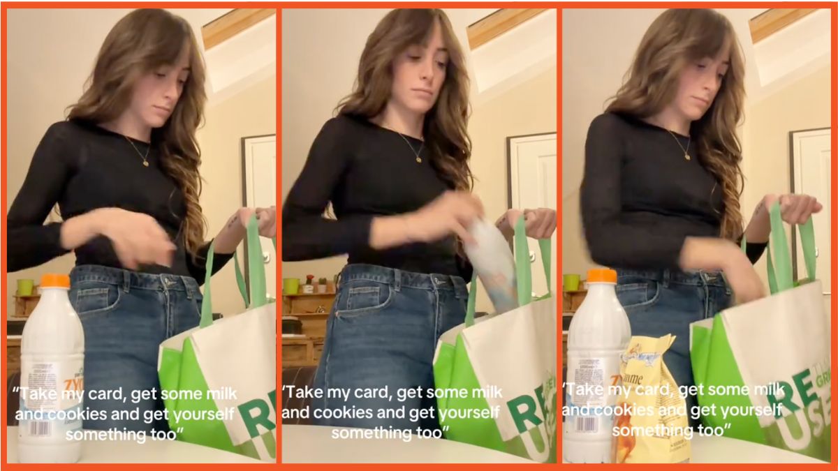 Screenshots of a woman taking groceries out of a bag