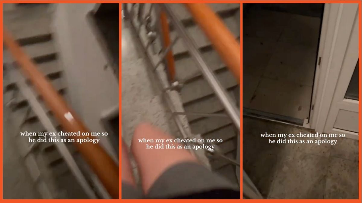 Screenshots of a stairwell and a woman walking down the stairs