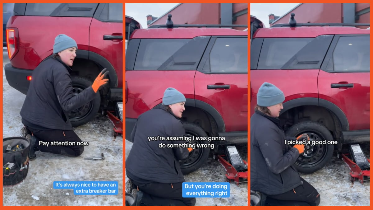 ‘Reverse Uno mansplaining’: When men gather to correct a woman’s tire change, she assumes they need a little lesson in car maintenance