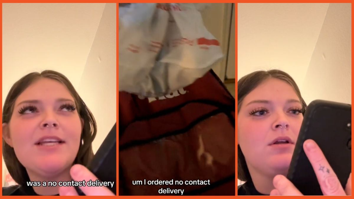 Screenshots of a woman talking on the phone and a bag of pizzas