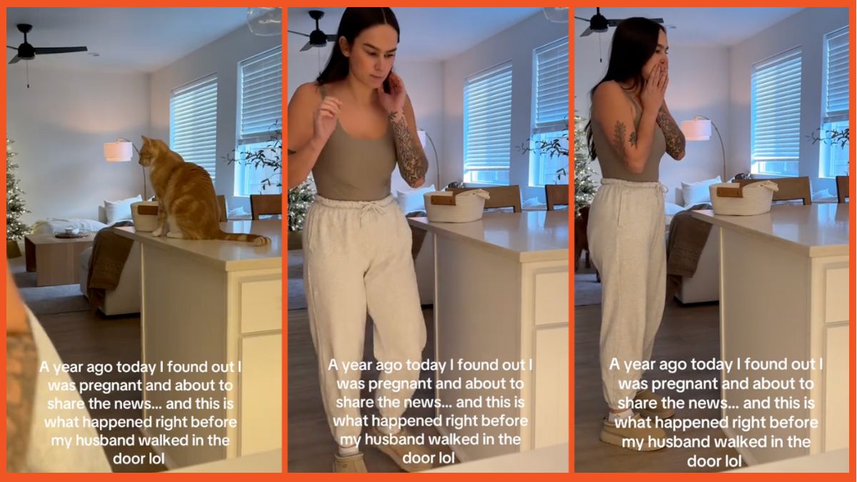 Screenshots of a woman and her cat in a kitchen