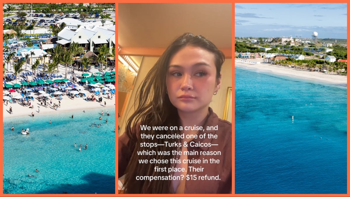 LEFT: MIAMI, FLORIDA - FEBRUARY 3: Fans are seen at the beach below the Cruise liner 'Independence of the Seas' during the '70000 Tons of Metal' Heavy Metal Cruise Festival on February 3, 2018 at Grand Turk, Turks and Caicos Islands. RIGHT: Beautiful blue water and lounge chairs on Caribbean beach (Stock Photo)