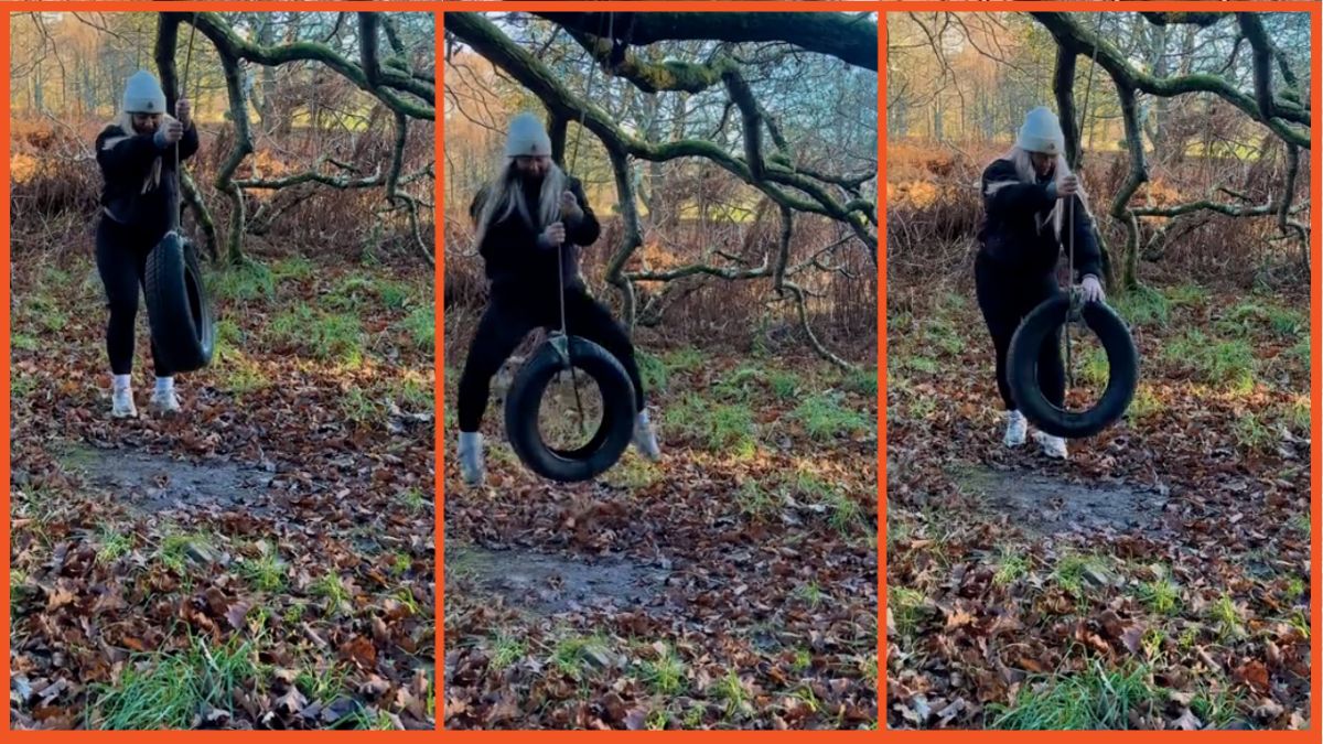 Screenshots of a woman standing behind a tire swing in the woods