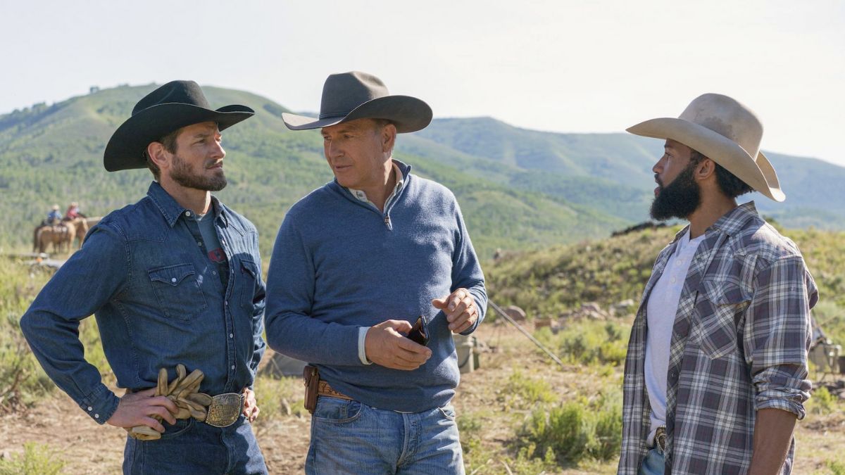 Denim Richards as Colby, Kevin Costner as John Dutton, and Wes Bentley as Jamie Dutton in Yellowstone.