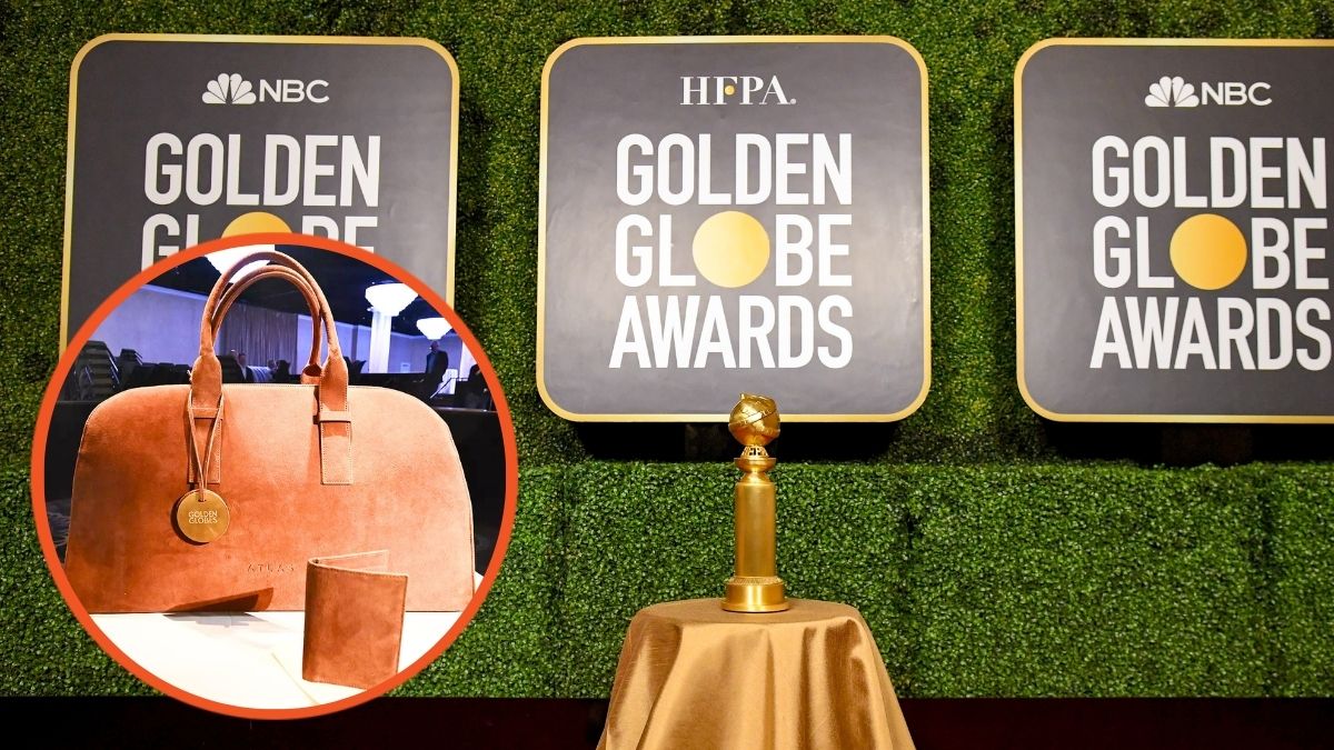 A view of the Golden Globe Trophy on display during the 78th Annual Golden Globe® Awards aired on February 28th, 2021 and the gift bag given to presenters and winners