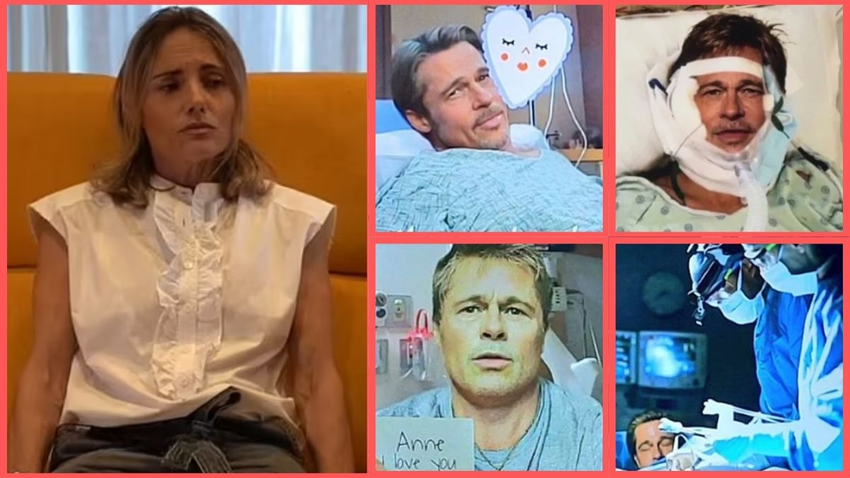 French woman Anne who was scammed by fake Brad Pitt catfish. Insets: AI-generated images of Pitt she was sent.