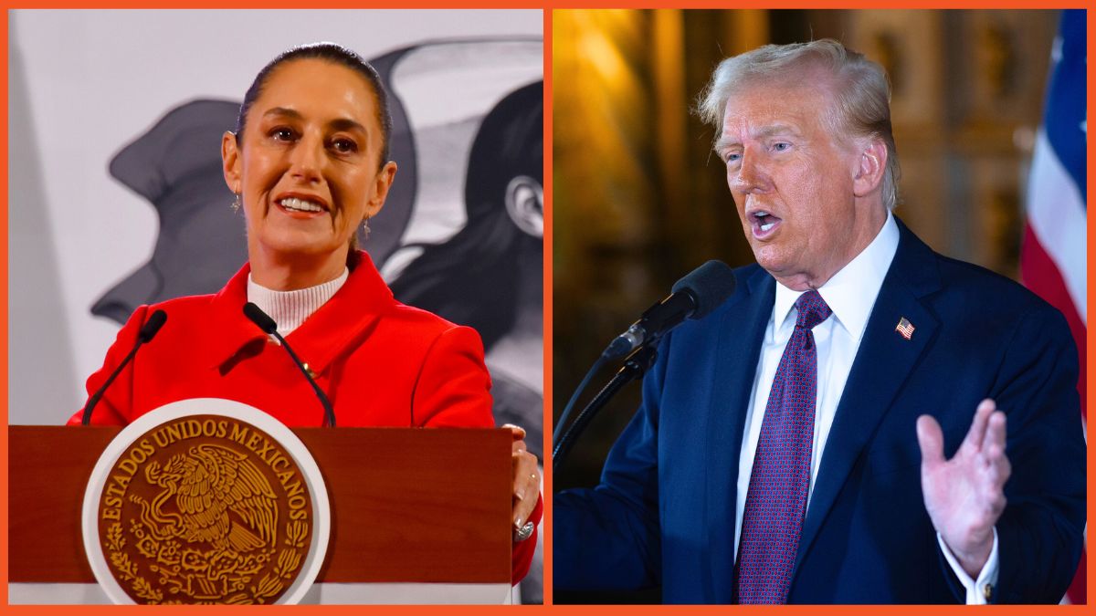 Claudia Sheinbaum Pardo speaks during the daily morning briefing at the National Palace and Donald Trump speaks to members of the media during a press conference at the Mar-a-Lago