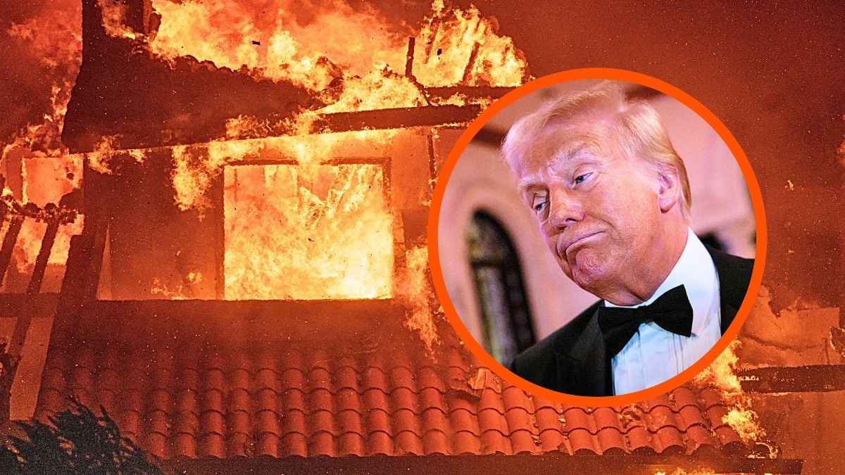 Photo montage of house burning during Jan. 2025 L.A. fires, and Donald Trump shrugging.