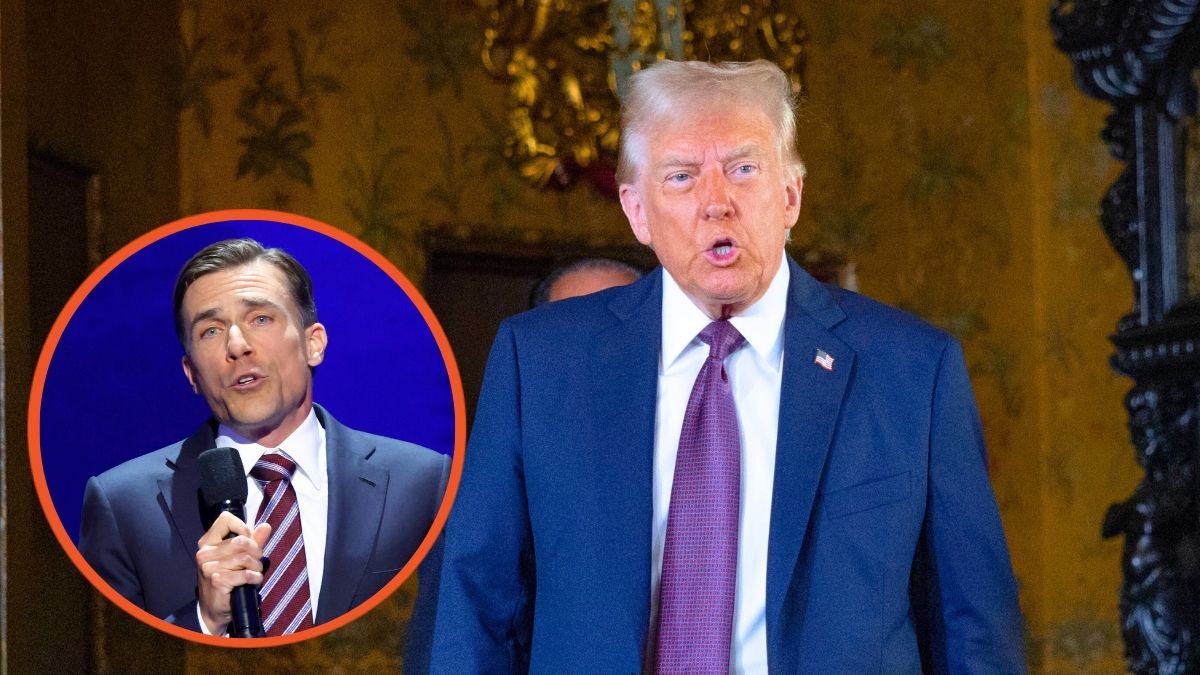 Donald Trump arrives to speak to members of the media during a press conference at the Mar-a-Lago and Tristan Snell speaks on stage during the final day of the Democratic National Convention