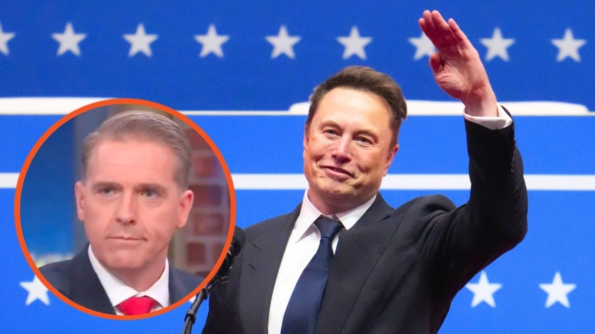 Elon Musk gestures while speaking during an inauguration event at Capital One Arena and Scott Jennings speaks during a CNN panel