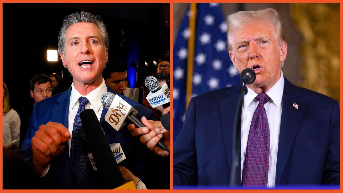 Gavin Newsom talks to journalists in the media center at the Pennsylvania Convention Center and Donald Trump speaks to members of the media during a press conference at the Mar-a-Lago Club