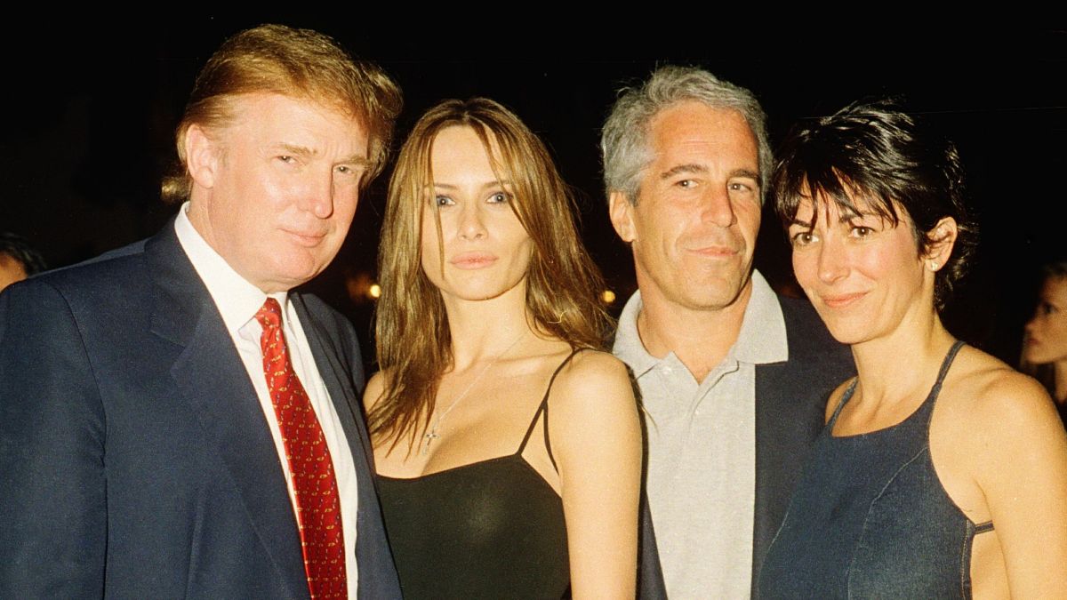 From left, American real estate developer Donald Trump and his girlfriend (and future wife), former model Melania Knauss, financier (and future convicted sex offender) Jeffrey Epstein, and British socialite Ghislaine Maxwell pose together at the Mar-a-Lago club, Palm Beach, Florida, February 12, 2000. (Photo by Davidoff Studios/Getty Images)