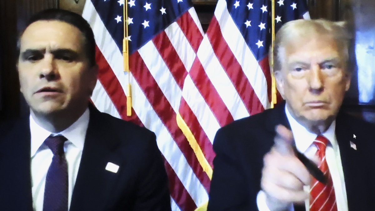 NEW YORK, NEW YORK - JANUARY 10: U.S. President-elect Donald Trump appears remotely for a sentencing hearing in front of New York State Judge Juan Merchan with his attorney Todd Blanche (L) at Manhattan Criminal Court on January 10, 2025 in New York City. The U.S. Supreme Court rejected President-elect Donald Trump's last-minute bid to halt his sentencing in the criminal hush-money case. Trump was found guilty on all 34 felony counts of falsifying business records, becoming the first former U.S. president to be convicted of felony crimes.