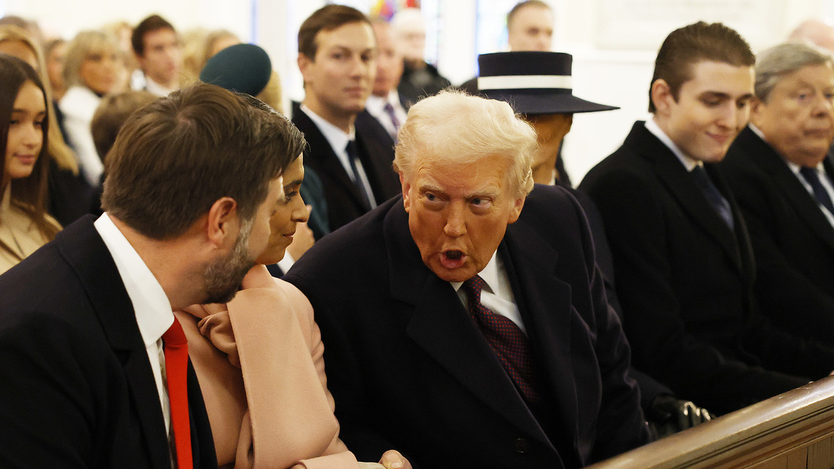 WASHINGTON, DC - JANUARY 20: Vice President-elect, U.S. Sen. J.D. Vance (R-OH) , Usha Vance, U.S. President-elect Donald Trump, Melania Trump, Baron Trump, Viktor Knavs attends services at St. John's Church on January 20, 2025 in Washington, DC. Donald Trump takes office for his second term as the 47th president of the United States.