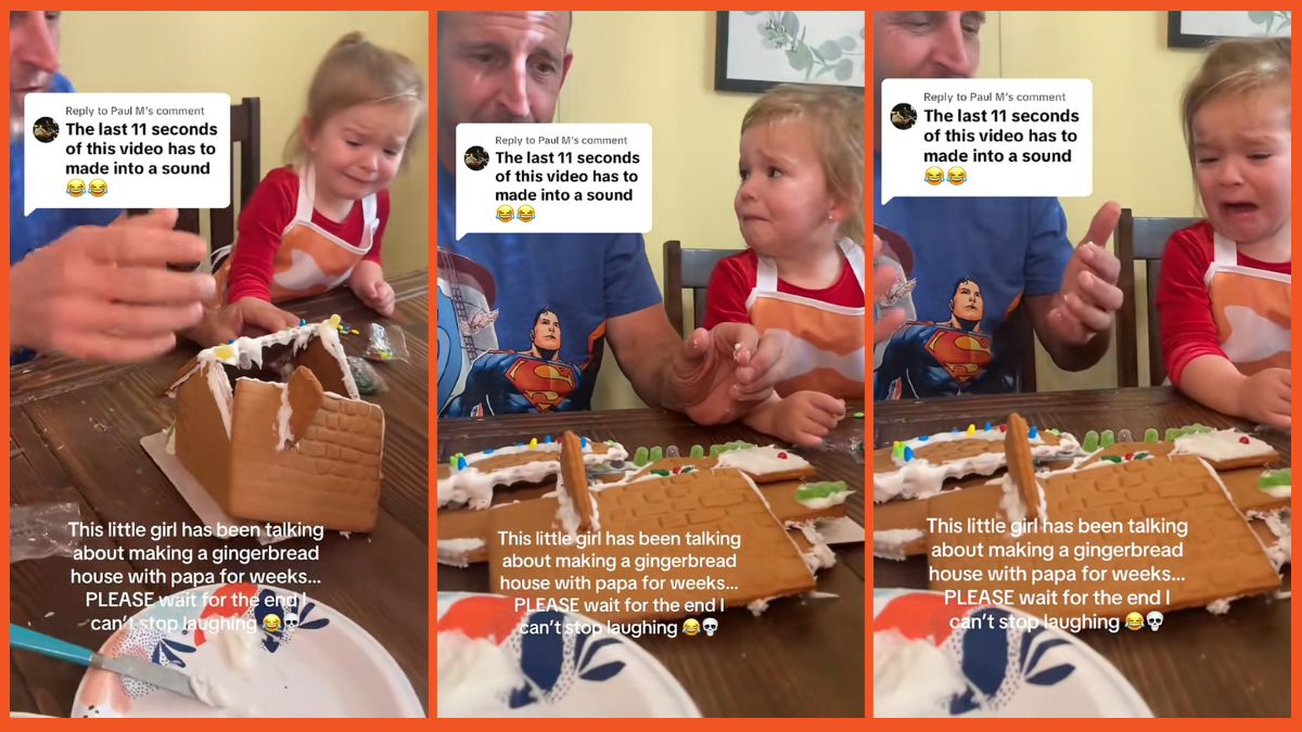 Little girl cries as her gingerbread house falls down