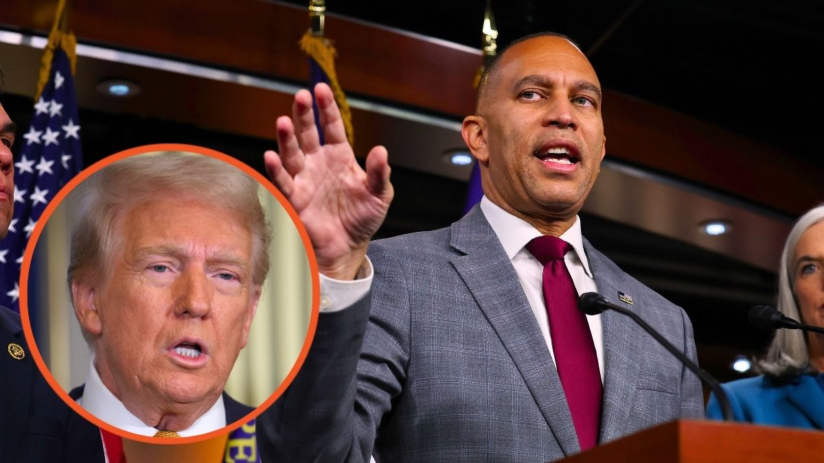 Hakeem Jeffries (D-NY) and Minority Whip Katherine Clark (D-MA) hold a news conference in the House Visitors Center at the U.S. Capitol and Donald Trump at the Elysee Palace on December 7, 2024