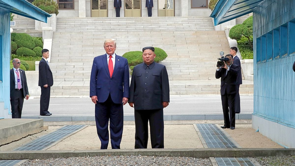 A handout photo provided by Dong-A Ilbo of North Korean leader Kim Jong Un and U.S. President Donald Trump inside the demilitarized zone (DMZ) separating the South and North Korea on June 30, 2019 in Panmunjom, South Korea. U.S. President Donald Trump and North Korean leader Kim Jong-un briefly met at the Korean demilitarized zone (DMZ) on Sunday, with an intention to revitalize stalled nuclear talks and demonstrate the friendship between both countries. The encounter was the third time Trump and Kim have gotten together in person as both leaders have said they are committed to the "complete denuclearization" of the Korean peninsula.