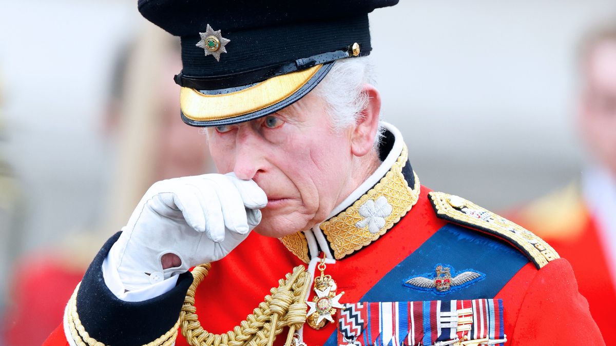 LONDON, UNITED KINGDOM - JUNE 15: (EMBARGOED FOR PUBLICATION IN UK NEWSPAPERS UNTIL 24 HOURS AFTER CREATE DATE AND TIME) King Charles III, wearing his Irish Guards uniform, takes the salute from a dais outside Buckingham Palace after Trooping the Colour on June 15, 2024 in London, England. Trooping the Colour, also known as The King's Birthday Parade, is a military ceremony to mark the official birthday of the British Sovereign. The ceremony takes place at Horse Guards Parade followed by a flypast over Buckingham Palace and was first performed in the mid-17th century during the reign of King Charles II. The parade features all seven regiments of the Household Division with Number 9 Company, Irish Guards being the regiment this year having their Colour Trooped. (Photo by Max Mumby/Indigo/Getty Images)