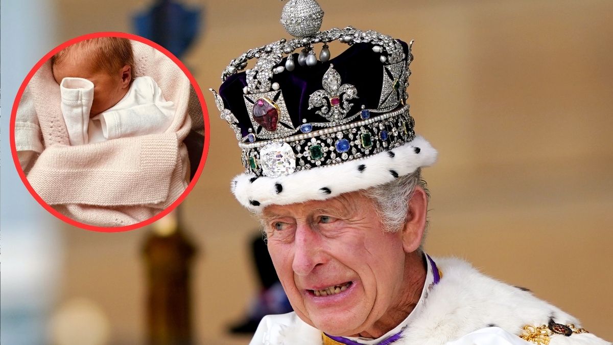 King Charles III receives a royal salute from members of the military in the gardens of Buckingham Palace, London, following their coronation on May 6, 2023 in London, England. Inset: first photo of baby Athena.