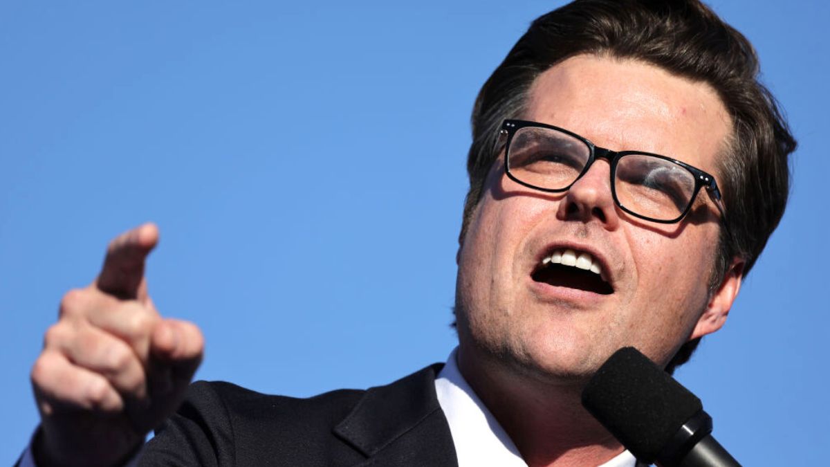 COACHELLA, CALIFORNIA - OCTOBER 12: U.S. Rep. Matt Gaetz (R-FL) speaks at a campaign rally for Republican presidential nominee, former U.S. President Donald Trump on October 12, 2024 in Coachella, California. With 24 days to go until election day, former President Donald Trump is detouring from swing states to hold the rally in Democratic presidential nominee, Vice President Kamala Harris' home state. (Photo by Mario Tama/Getty Images)